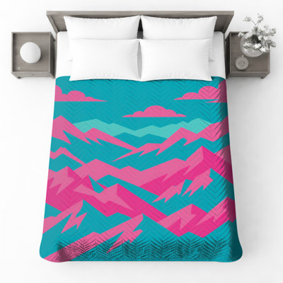 Pink Blue Mountains Quilted Bedspread All Sizes