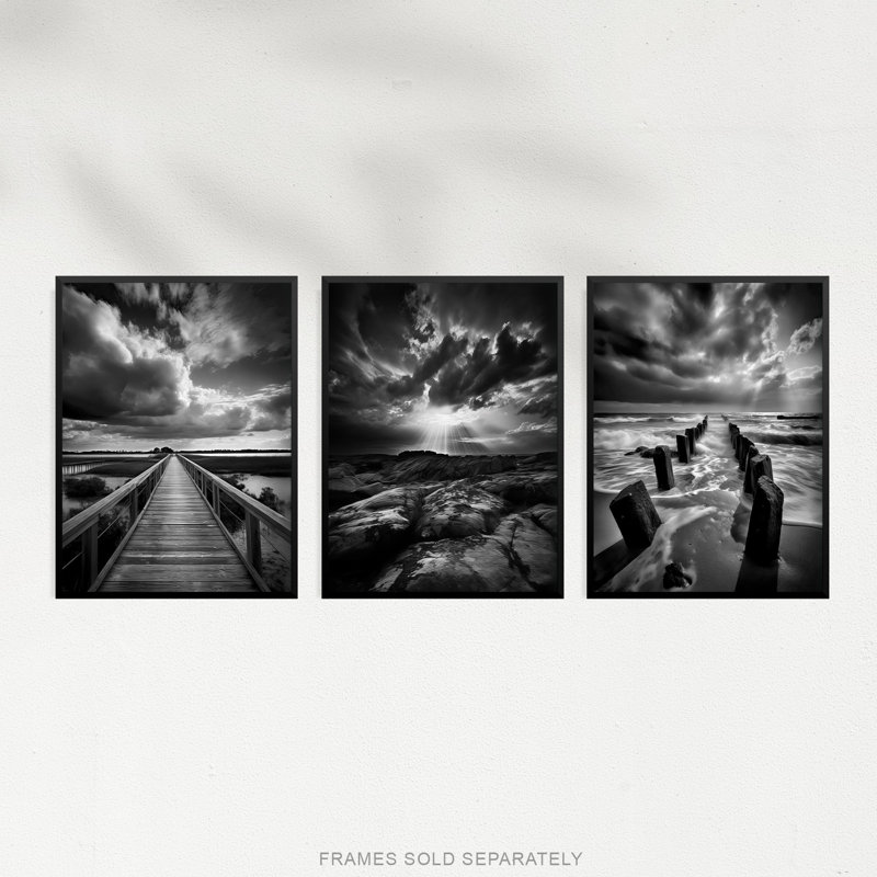 Atmospheric Clouds Black White Dramatic Coastal Landscapes - 3 Piece No Frame Print Set, 29.7cm H x 21cm W x 0.4cm D