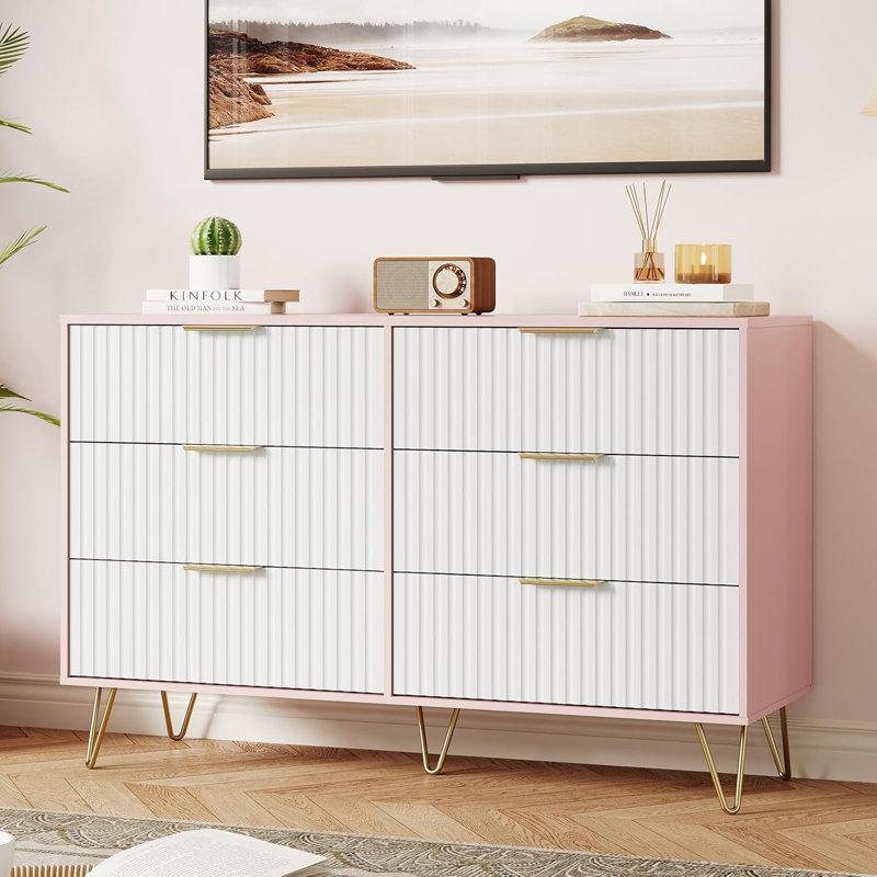 47" Wide 6 Drawer Dresser for Bedroom, Pink