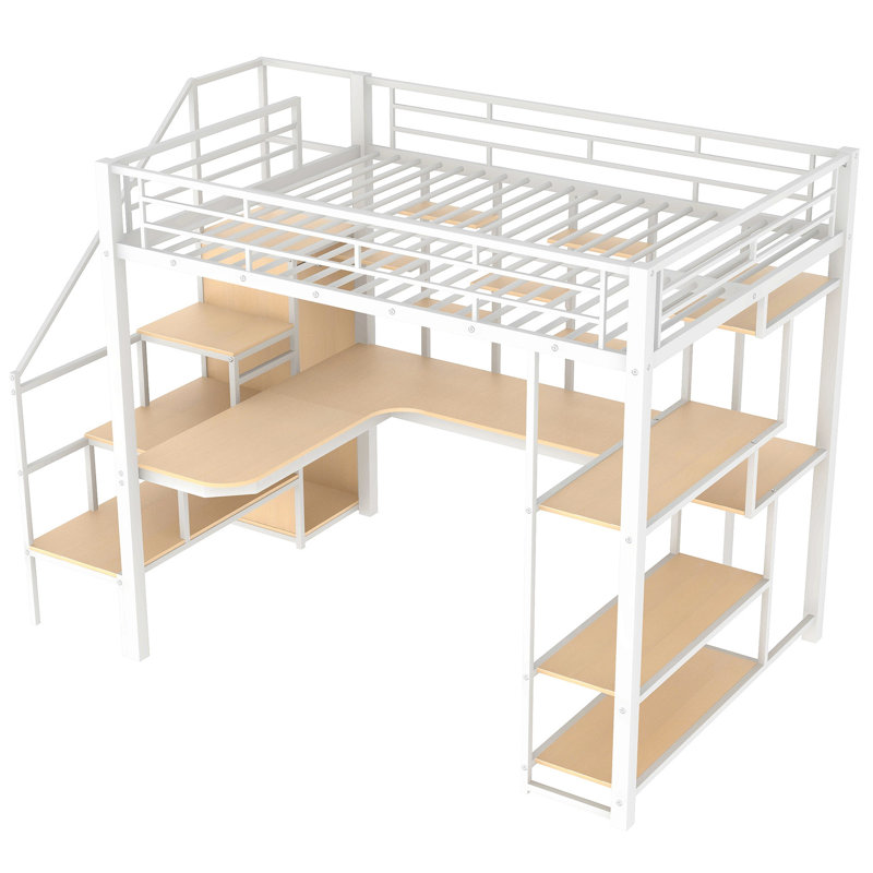 Lit mezzanine blanc avec bureau intégré, garde-robe et rangement intégré en métal, finition de bureau