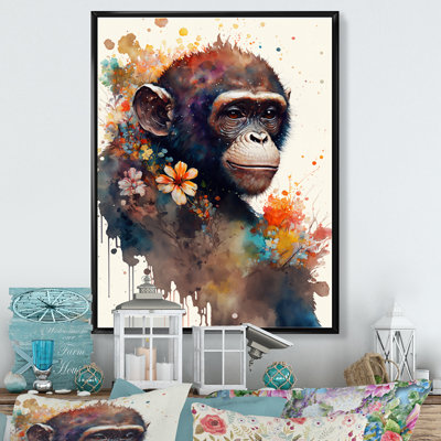 «Cute Monkey Floral Art I», reproduction d'art sur toile