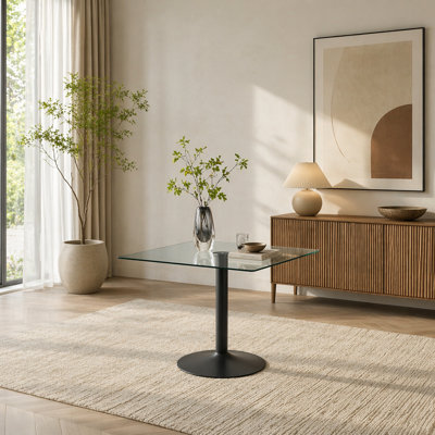 Table de salle à manger 38,5 pouces moderne minimaliste carrée en verre avec base en métal à colonne unique. Disponible en noir, or ou argent. Table de salle à manger à domicile. Convient pour 2 à 4 personnes. (Table seulement)