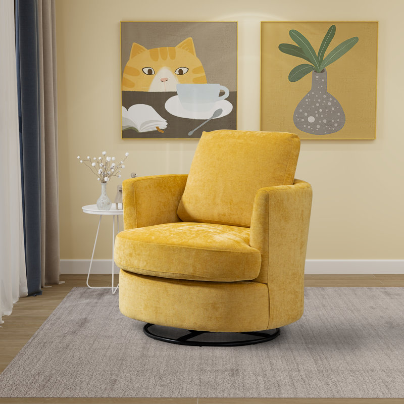 32"W Slipcovered Upholstered Swivel Barrel Chair, Mustard Chenille