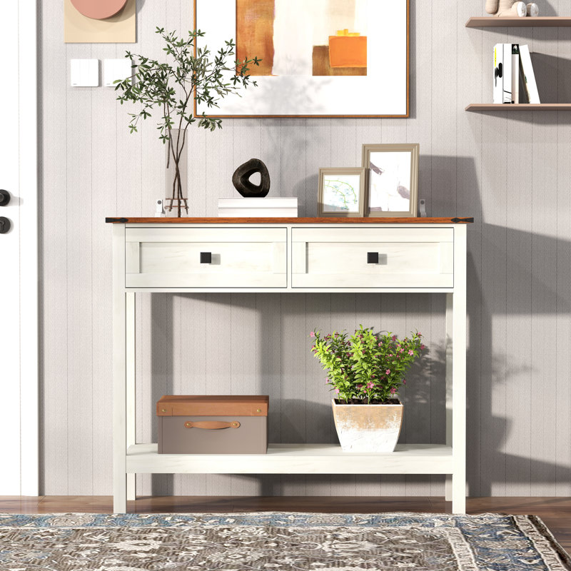 Farmhouse Style Console Table With 2 Drawer And Bottom Storage Shelf For Entryway, Rustic Side Table With Storage Drawer And Shelf For Living Room, Hallway