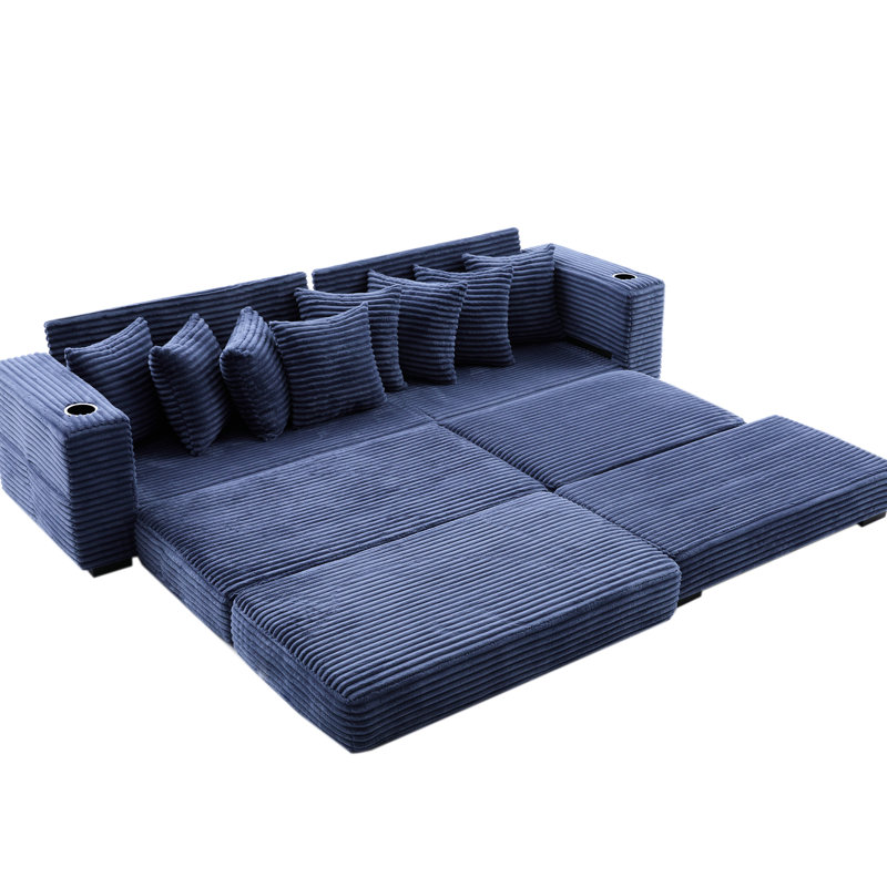 Vidéo disponible Canapé modulaire en velours côtelé de 108,68 po avec repose-pieds mobile amélioré, pochettes porte-revues et siège confortable bleu modulaire large, tabouret de pieds pouvant se transformer en lit