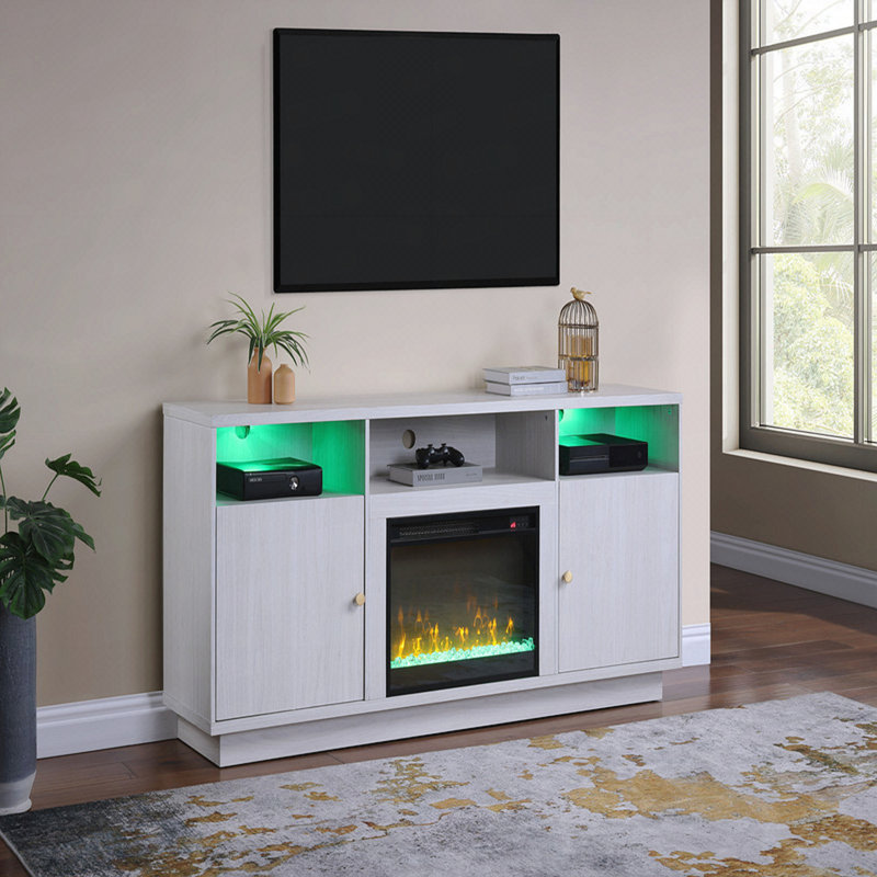 Meuble télé 70 po à finition noyer blanc avec foyer, lumière DEL, armoires, tablettes