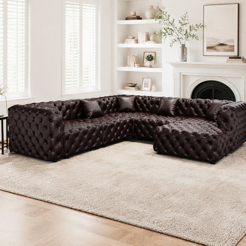 Ensemble de canapé modulaire en forme de L de 132,5 po, canapé modulaire rembourré en similicuir 5 places avec conception touffetée à la main pure, 1 repose-pieds et 5 coussins, combinaison multiple pour le salon, brun foncé