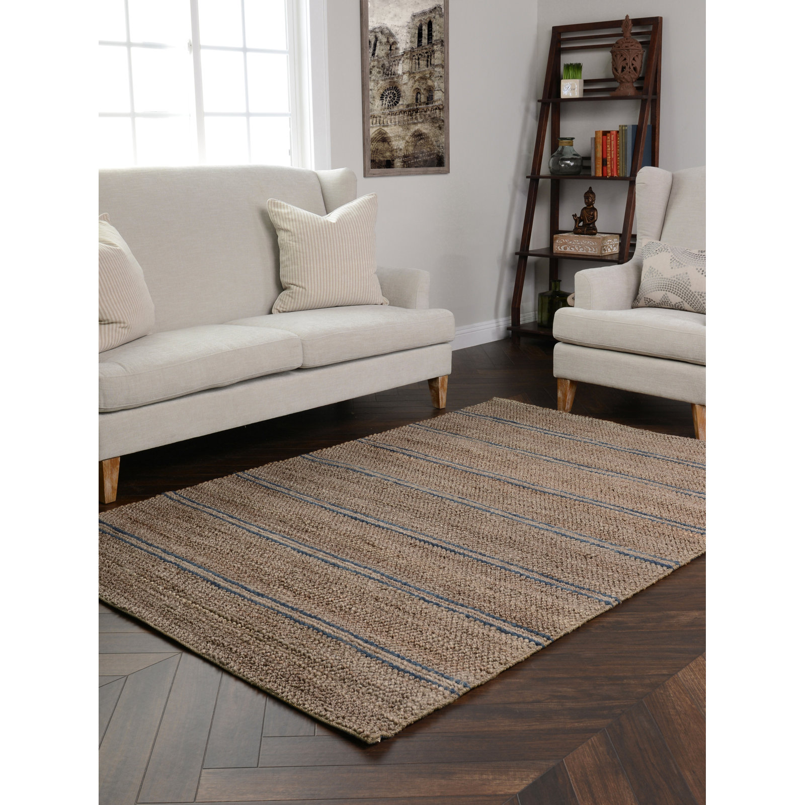 Beamond Brown Blue Hand-Woven Striped Jute Rug, Rectangle 8' x 10'