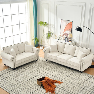 Beige Modern 86" 3 - Seater Chenille Couch With Rolled Arms, Wood Legs And Nailhead Trim, Foam Filled, Pine Frame, Curved Modern, 86", Beige, Couch, Legs, Upholstery, High Density Foam, Solid Frame