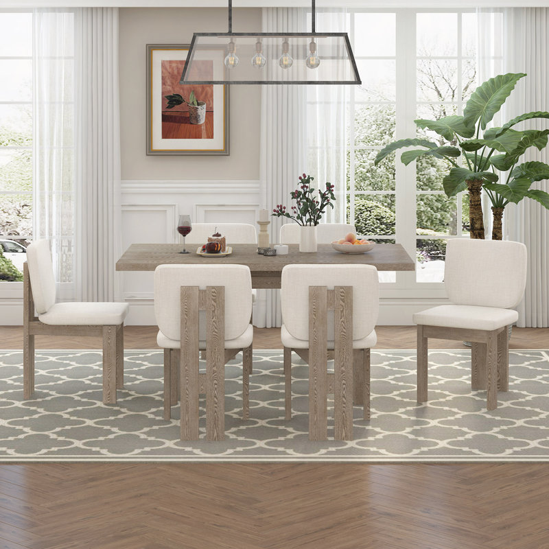 Ensemble de table de salle à manger rétro 7 pièces pour 6 personnes, ensemble de table de salle à manger en bois de 60 po pour 6 personnes avec chaises rembourrées et base à tréteaux conçue pour la cuisine et la salle à manger