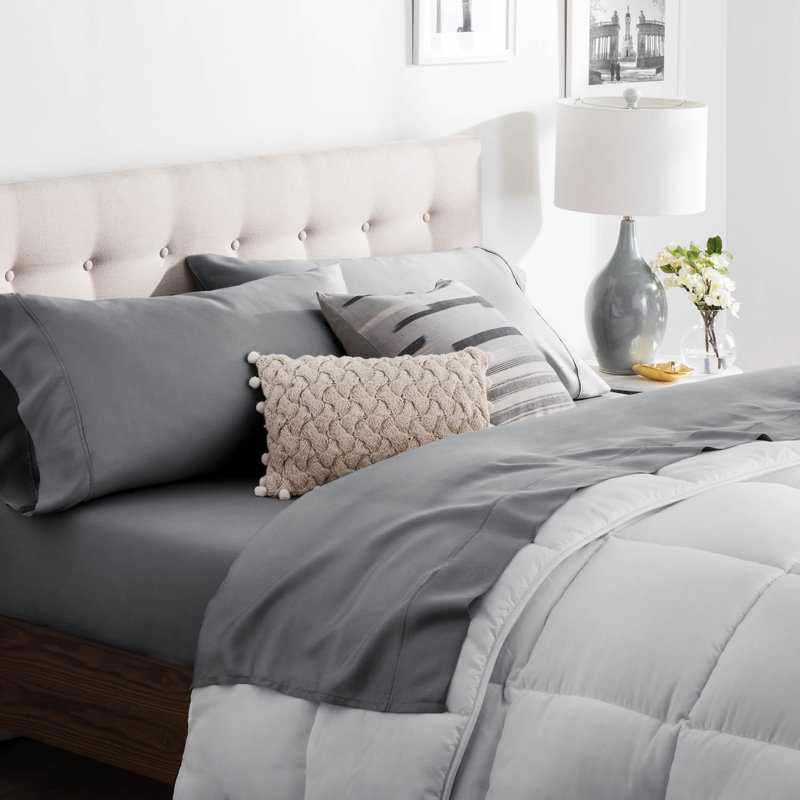 Satin Sheet Set, Slate, Split Queen Sheet Set + Fitted Sheet + 2Pillowcase