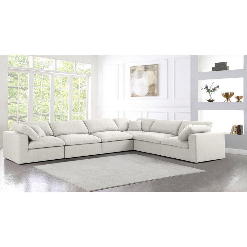 Burrows 158" Wide Linen Down Cushion Modular Corner Sectional, Cream Linen Textured Fabric