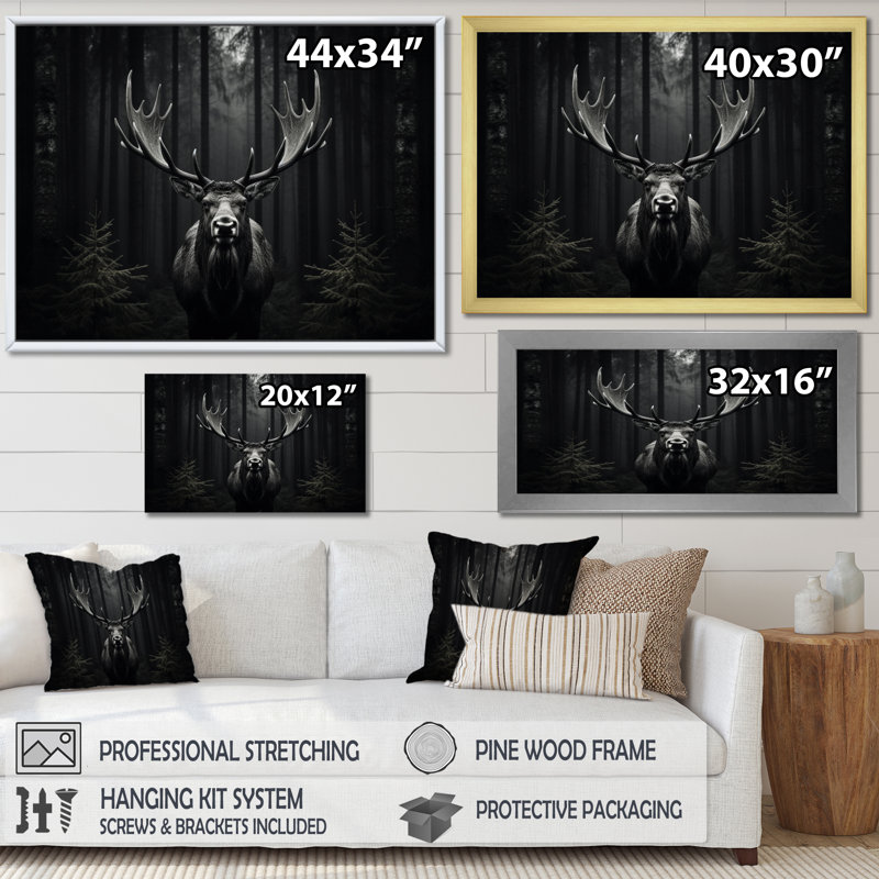 Black White Moose Monochrome Framed On Canvas Print, H 30 po x l 40 po x P 1,5 po, Cadre flottant noir