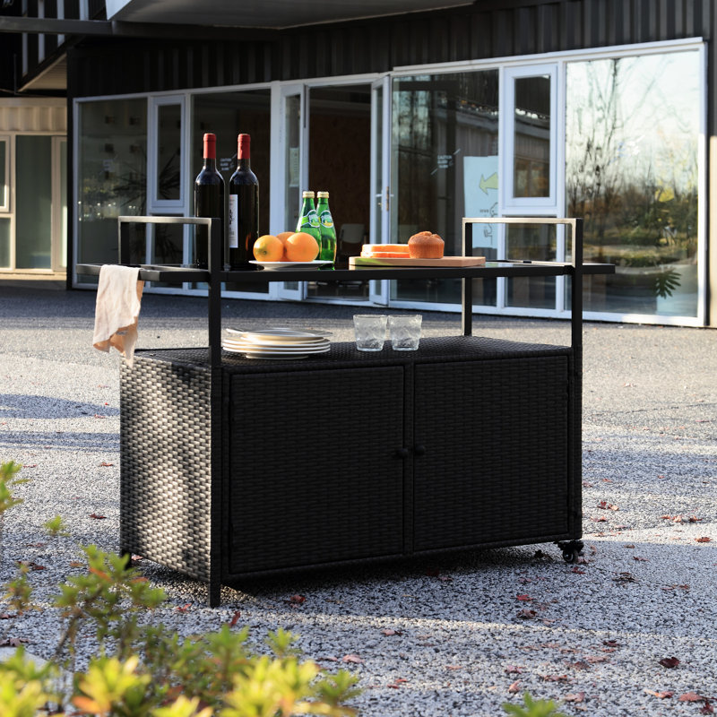 Chariot de service pour boissons - noir, avec roues et plateau en verre pour patio, jardin, bar près de la piscine