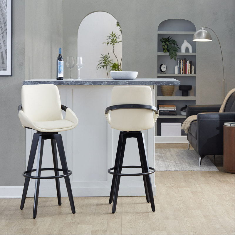 Tabouret de bar à hauteur fixe avec pivot en bois noir et similicuir brun clair avec repose-pieds rond en métal noir - ensemble de 2