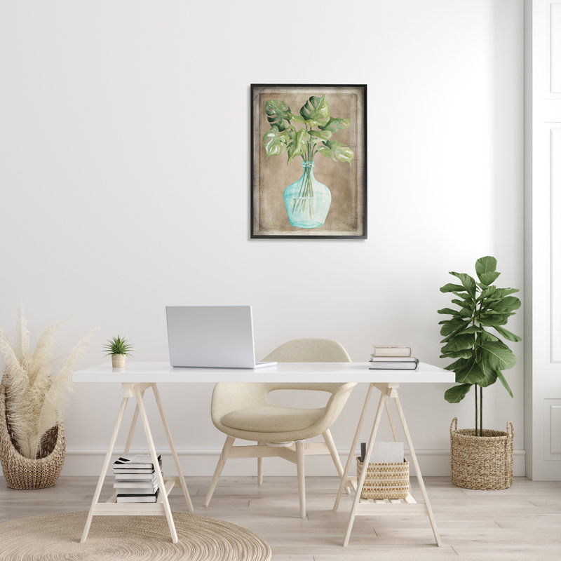 Vase en verre Monstera, H 30 po x l 24 po x P 1,5 po, Giclée encadrée noir minuit