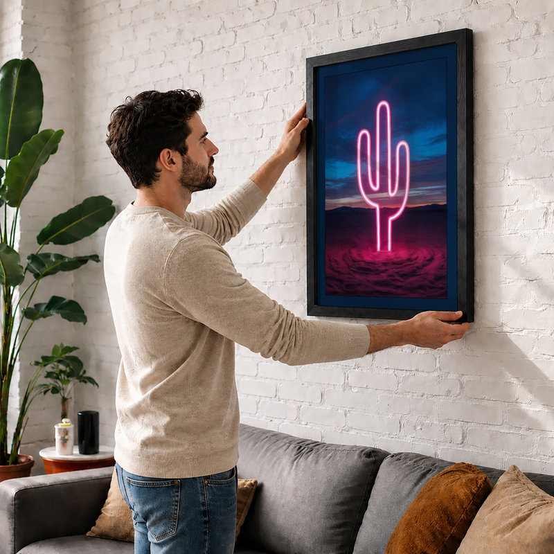 Neon Saguaro Modern - Framed Print, A1 - 84.1 x 59.4 cm, Black
