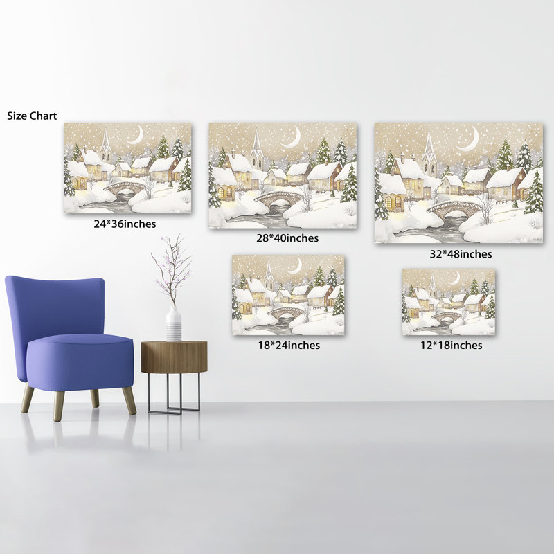 Art mural sur toile grand village enneigé de Noël, paysage d'hiver, impressions sur toile pour salon, arbre de pin rustique, pont, peinture d'art sur toile, impressions de vacances rétro, 28 po x 40 po