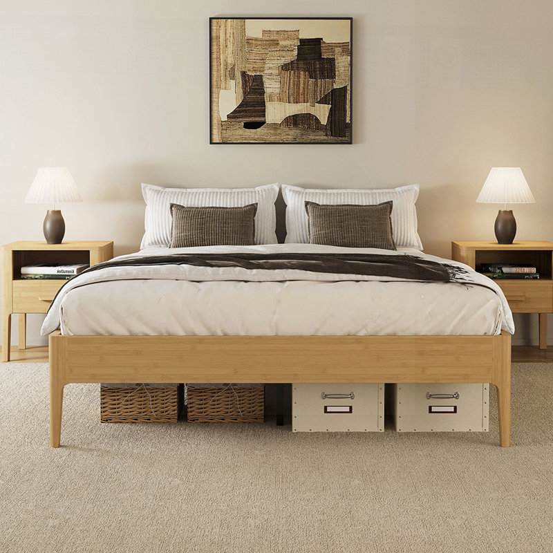 Base de lit plateforme en bambou avec lattes de bois - aucun sommier nécessaire, conception minimaliste, Très grand lit, Brun