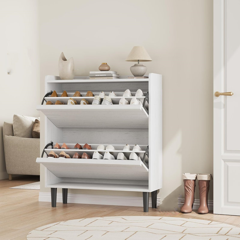 16 Pair Shoe Storage Cabinet, White Wood