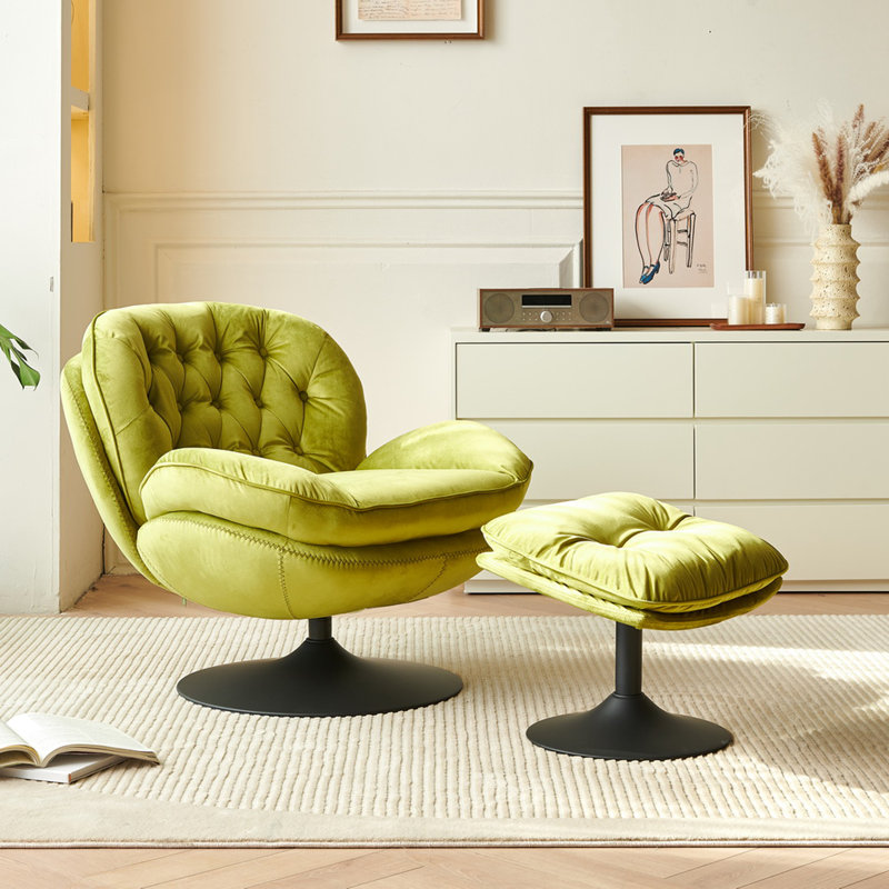 Zenon Velvet Swivel Accent Chair with Ottoman, Grass Green Velvet