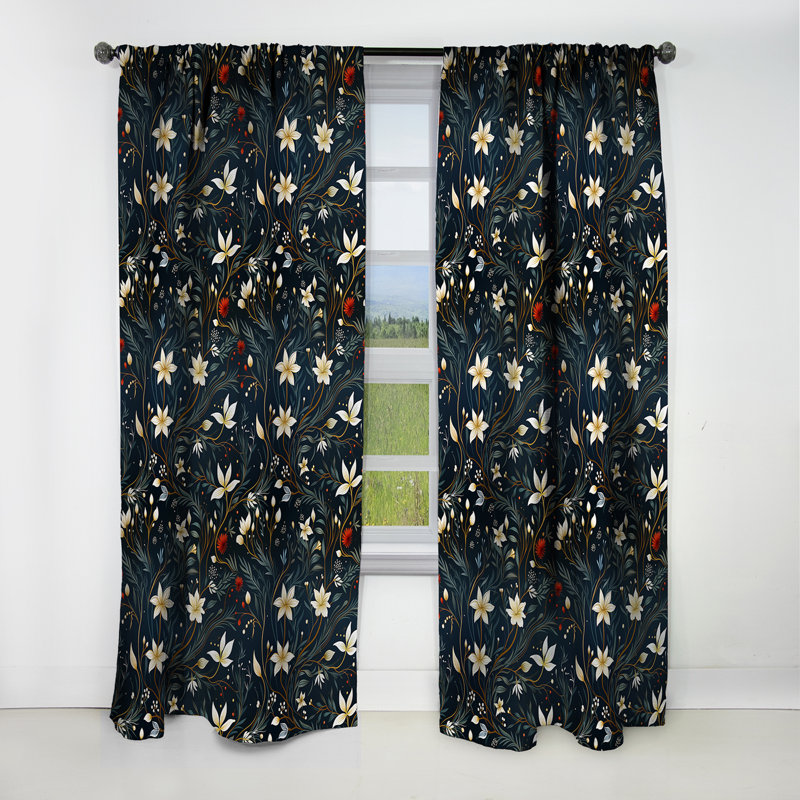 Rideau floral blanc et vert à motif zen de fleurs tranquilles - 1 panneau, L 52 po x L 108 po
