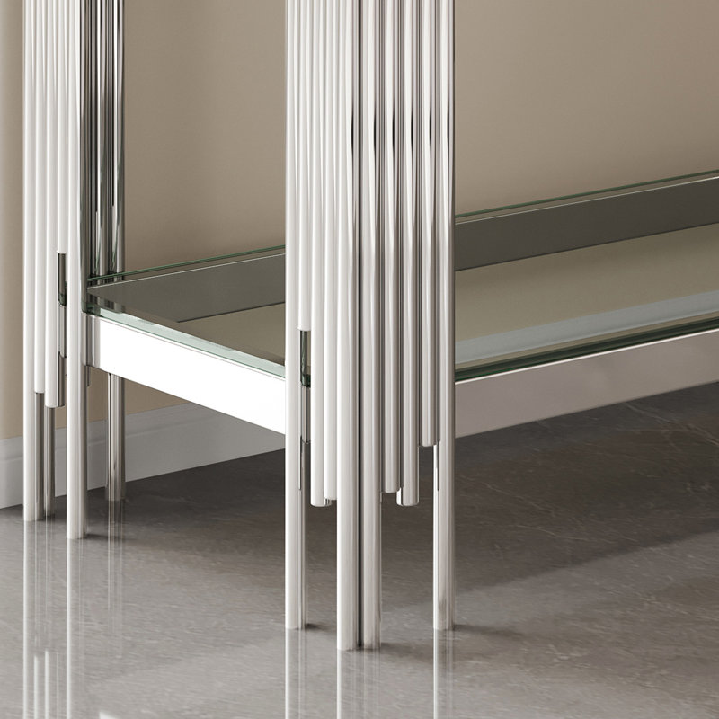 Console supérieure et inférieure en verre trempé à double couche et cadre en acier inoxydable à finition miroir, Transparent