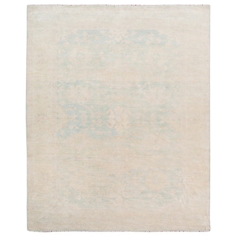 Light Blue Hand-Knotted Wool and Silk Traditional Rug