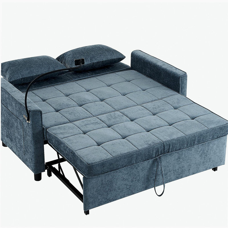 Canapé-lit double de 56,9 pouces, coussin de dossier réversible avec poches latérales, deux ports USB et un support pour téléphone, bleu.