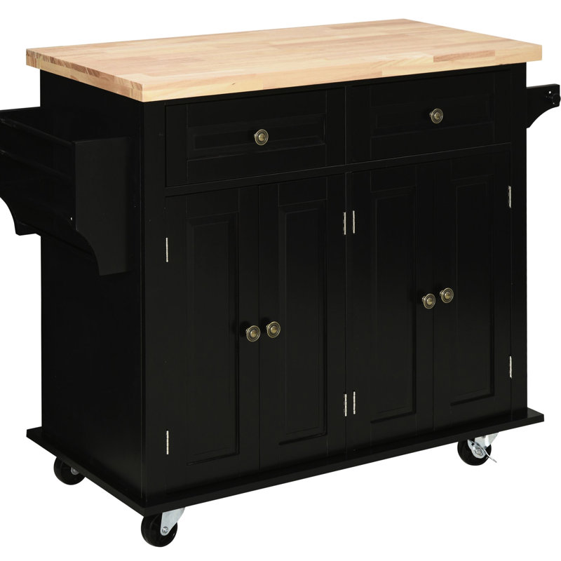 Kitchen Island On Wheels With Construction, Black, Features Spice Rack, Towel Drawers & Adjustable Shelves Mobile Counter In Boasts Rubberwood Top, Rack And Organized Storage Space