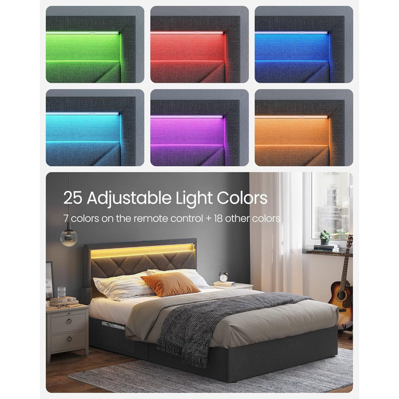 LED Bed Frame Full Size, 37.1/39.6 Inches, with Headboard and 4 Drawers, 1 USB Port and 1 Type C Port, Adjustable Upholstered Headboard, No Box Spring Needed, Dark Gray