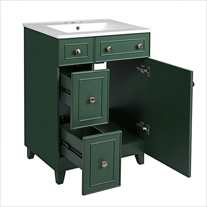 Meuble-lavabo de salle de bain avec lavabo et tiroirs en céramique, Vert givré
