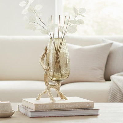 Vase décoratif Dyna avec base de style branche, aluminium, verre doré 18 pouces