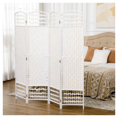 Paravent pliable à 4 panneaux avec motif de fibres ondulées, 170 cm (H) x 160 cm (L), autoportant, blanc, pour la maison et le bureau