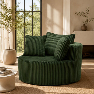 Fauteuil pivotant rond surdimensionné avec revêtement moelleux et coussins décoratifs assortis, fauteuil d'appoint