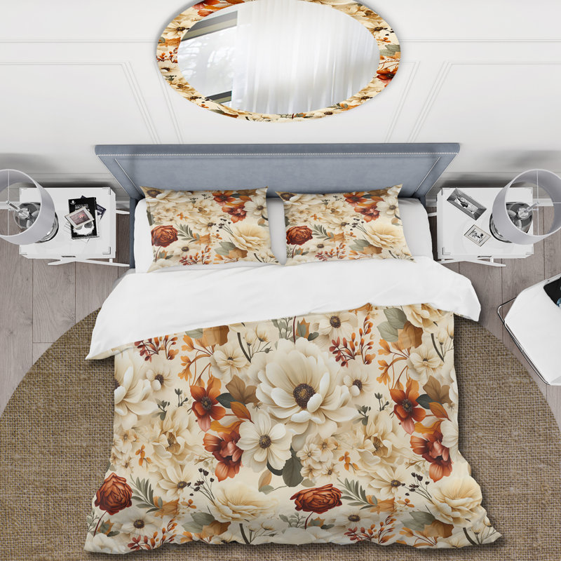 Ensemble de housse de couette beige et orange Vintage Bouquets Grace II, Housse de couette pour très grand lit et 2 très