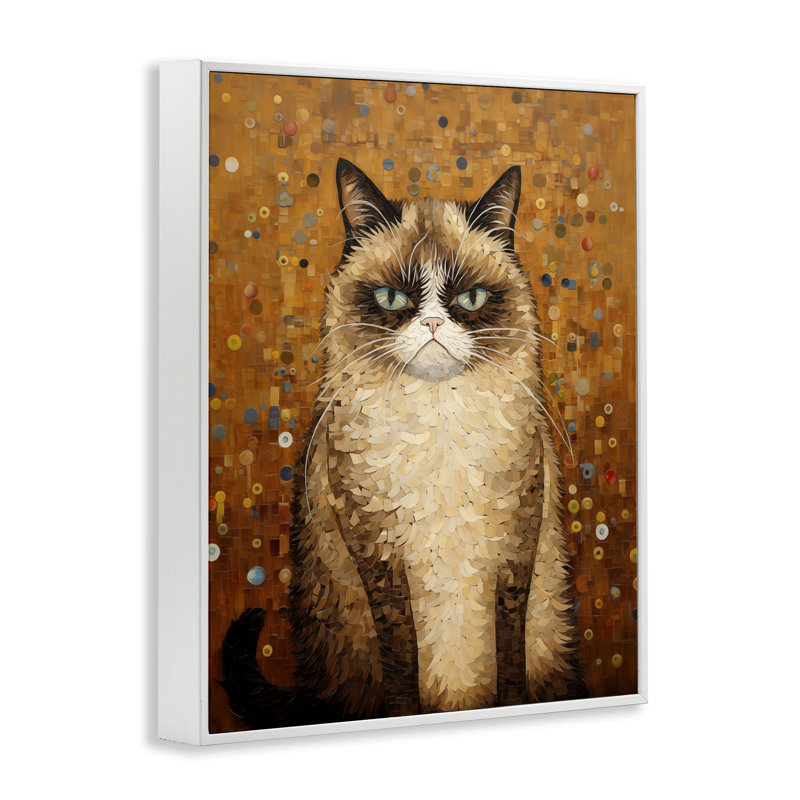 «Grumpy Klimt Cat», giclée par Arlington Prints, H 14 po x l 11 po, Estampe numérique encadrée blanc bord de mer
