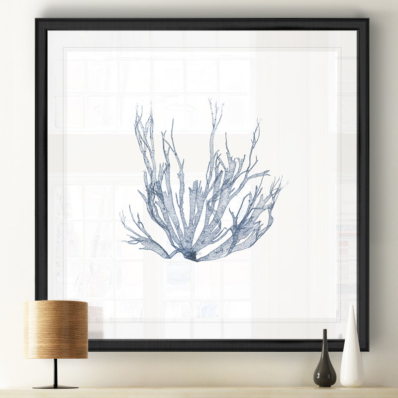 " Navy Seaweed IV ", 17.5" H x 17.5" W x 1.5" D, Black Framed