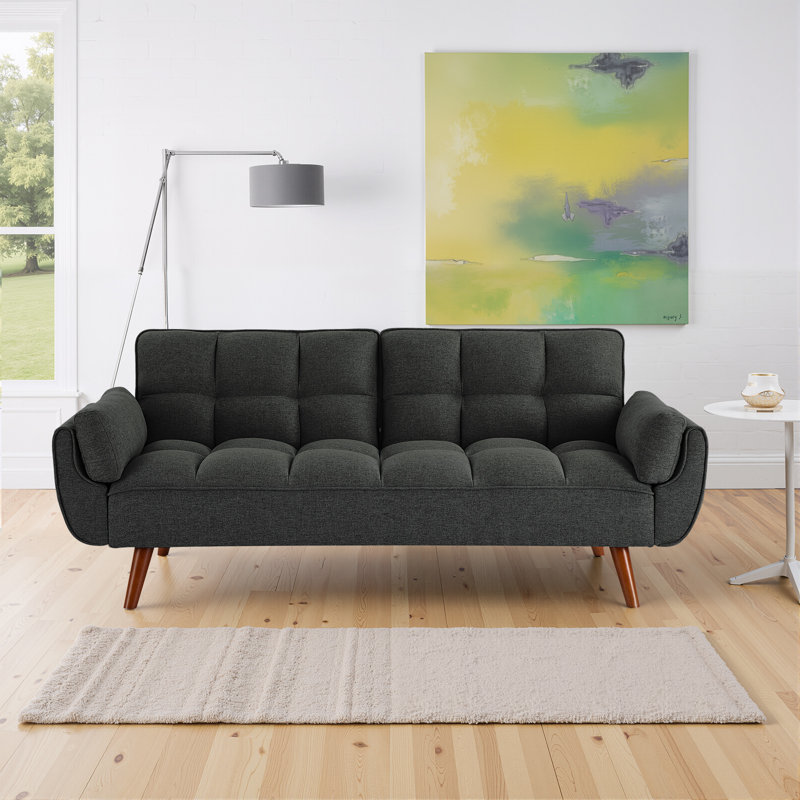 Kamaren Full 75.39" Futons Upholstered Convertible Sofa, Gray Black Polyester Blend