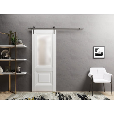 Sliding Barn Door with Hardware Lucia 8822 White Silk with Frosted Opaque Glass Top Mount 6.6FT Rail Hangers Sturdy Set Lite Wooden Solid Panel Interior Doors-24" x 96"-Frosted Glass-Silver Rail
