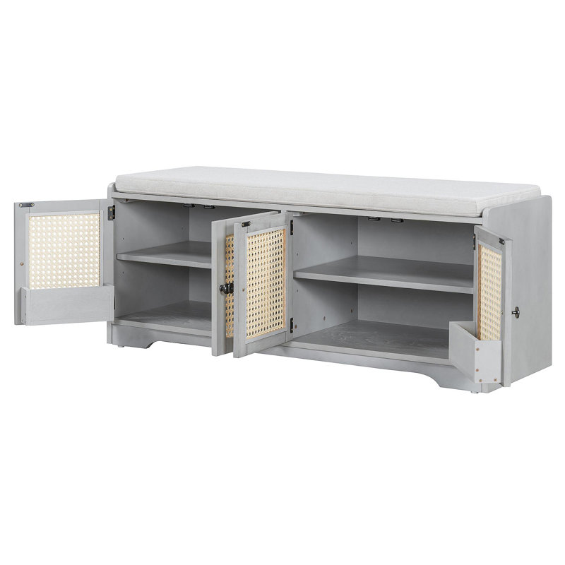 Rustic Storage Bench Multifunctional Wood Entryway Shoe Bench With Removable Cushion, Woven Rattan Doors & Adjustable Shelves For Hallway, Living Room (Gray Wash+Beige )