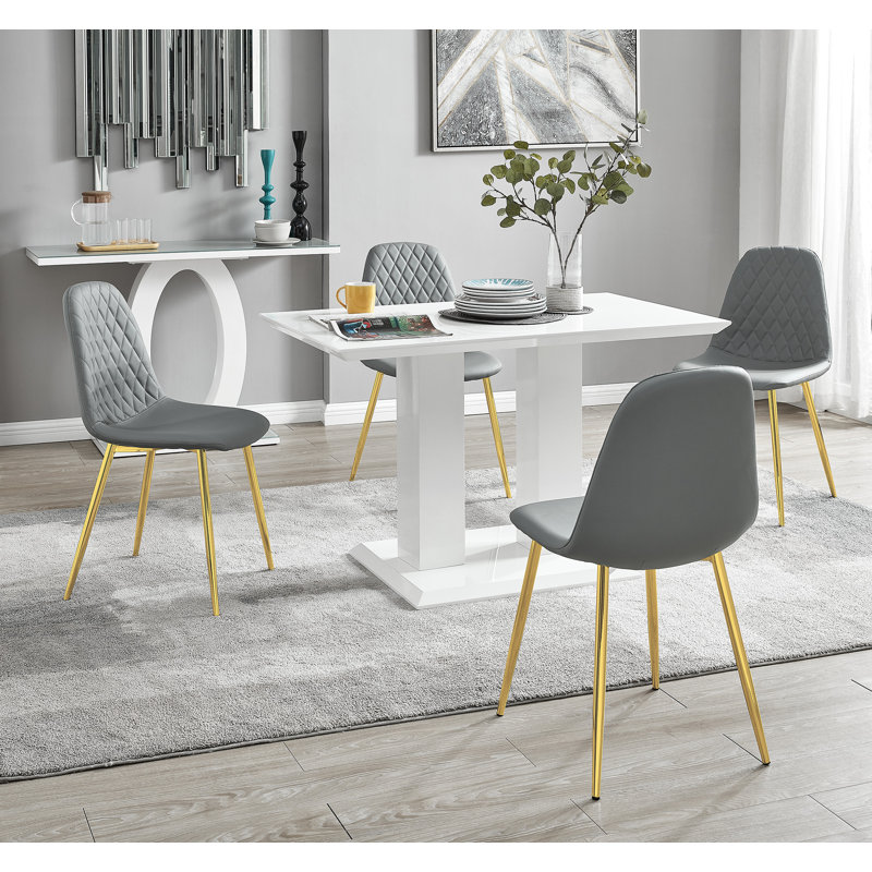 Eubanks High Gloss Double Pillar Dining Table Set with 4 Luxury Faux Leather Dining Chairs, Elephant Gray
