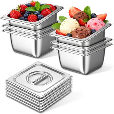 6 Pack Full Size Hotel Pans with Lids 1/6 Size 6" Deep,Stainless Steel Steam Table Buffet Pans , 6.9" L x 6.4" W