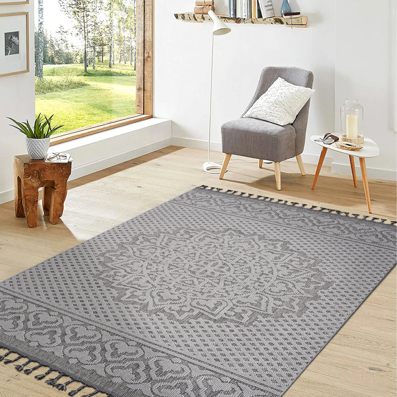 Tapis d'extérieur 8 x 10 gris / blanc Medallion - teinté, sans perte de poils, tapis pour animaux