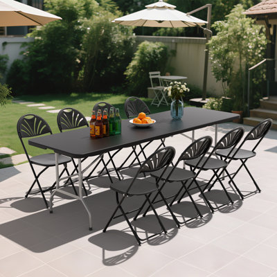 8ft Plastic Folding Table, Portable Picnic Table for Indoor Outdoor Use, Rectangular Foldable Table with Carrying Handle