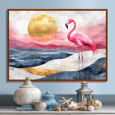 Or rose, flamant rose sur un paysage de plage audacieux II - art mural sur toile Flamingo