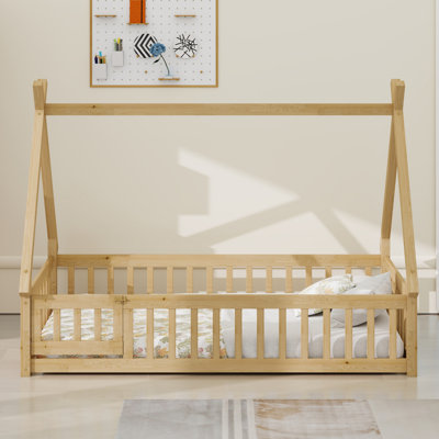 Tent-Shaped Floor Bed With Guardrails, Slats, And Door