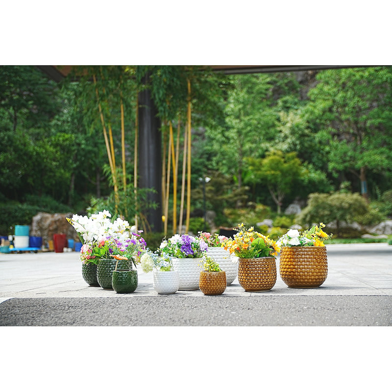 3 Pieces Ceramic Flowerpot, Modern Planter, Orange/Dark Brown