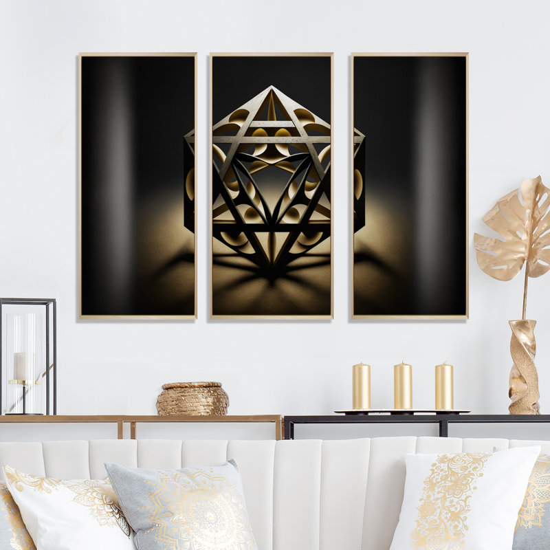 Monochromie sacrée géométrie II - 3 pièces sur toile, H 20 po x l 36 po x P 1 po, Toile naturelle avec cadre flottant