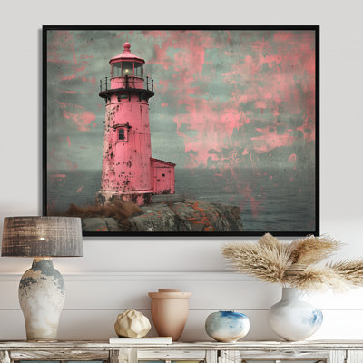 Pink Grey Vintage  Lighthouse cliff - Lighthouses Canvas Art
